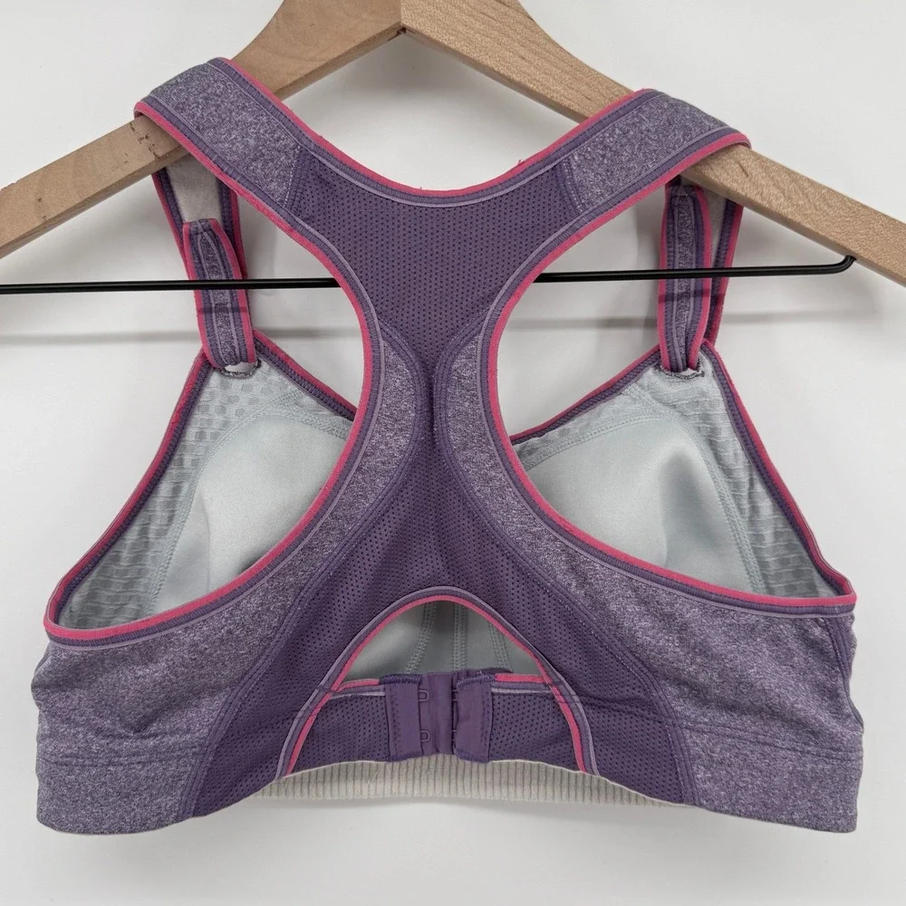 Moving Comfort Rebound Racerback Sports Bra Purple 36C Hook Loop Straps 350037